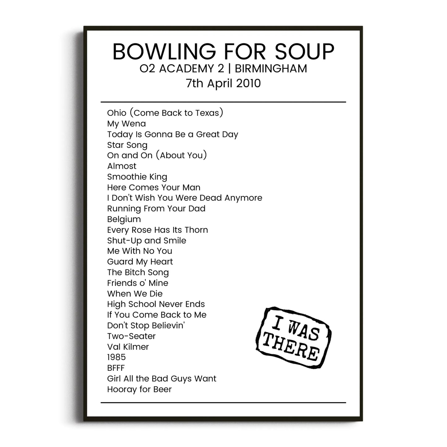 Bowling for Soup Birmingham 07 April 2010 Setlist Poster