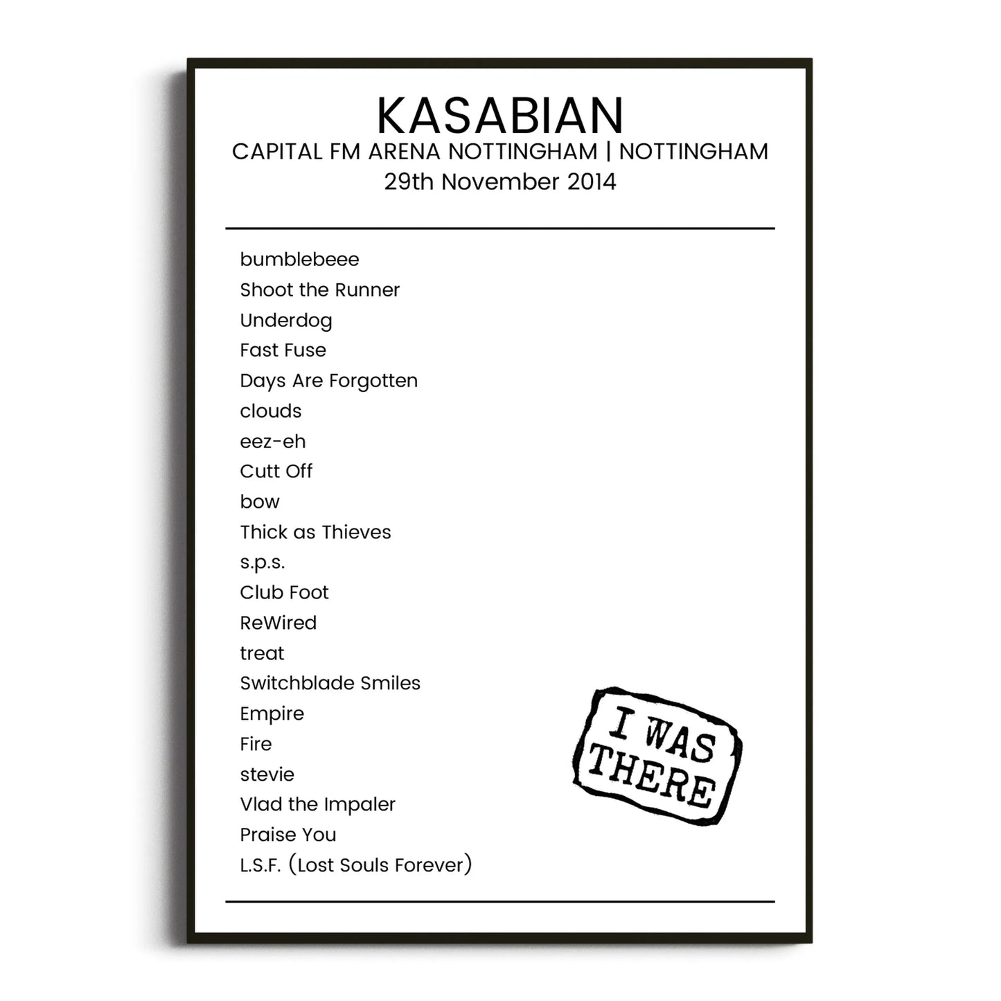 Kasabian Nottingham 29 November 2014 Setlist Poster