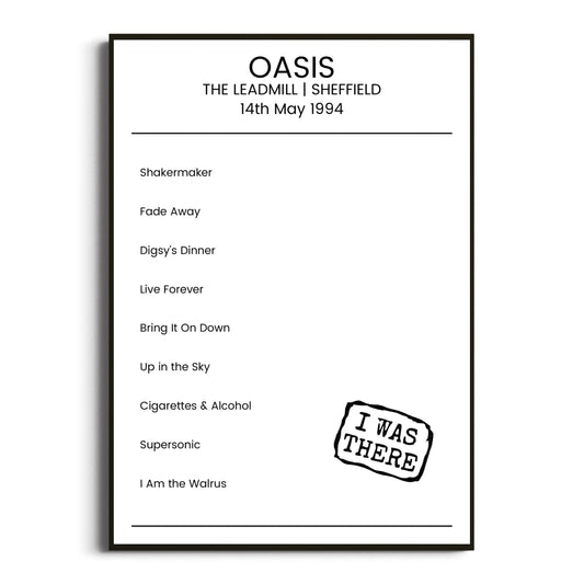 Oasis Sheffield 14 May 1994 Setlist Poster