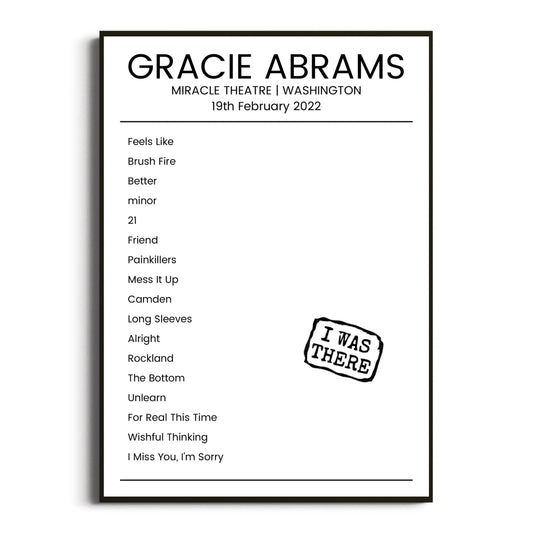 Gracie Abrams Washington 19 February 2022 Setlist Poster