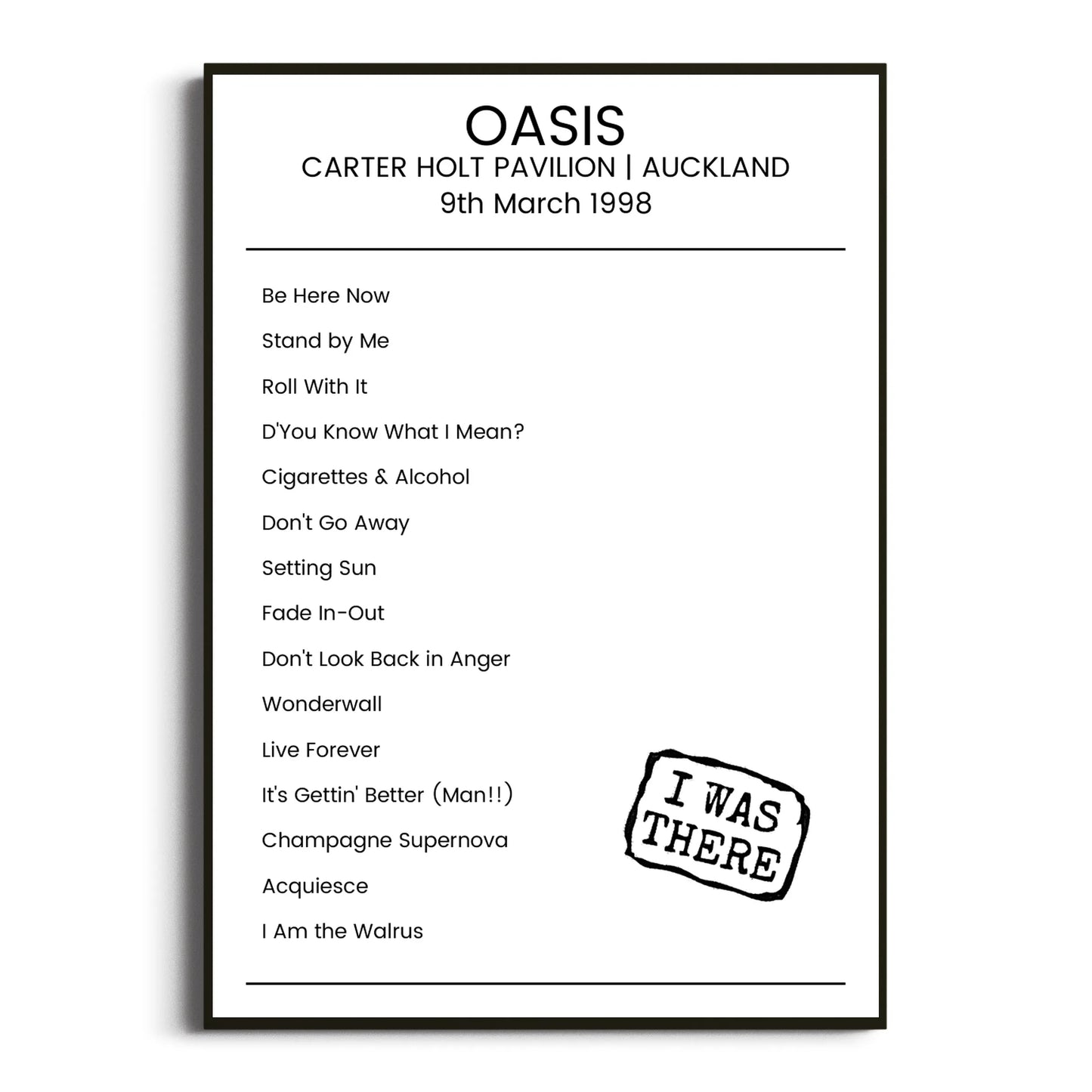 Oasis Auckland 09 March 1998 Setlist Poster