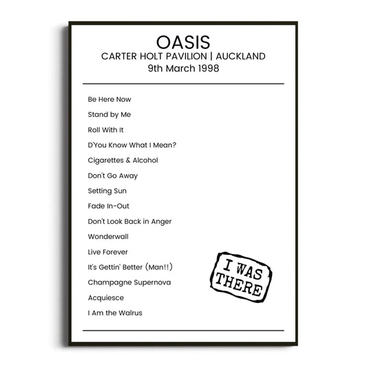 Oasis Auckland 09 March 1998 Setlist Poster