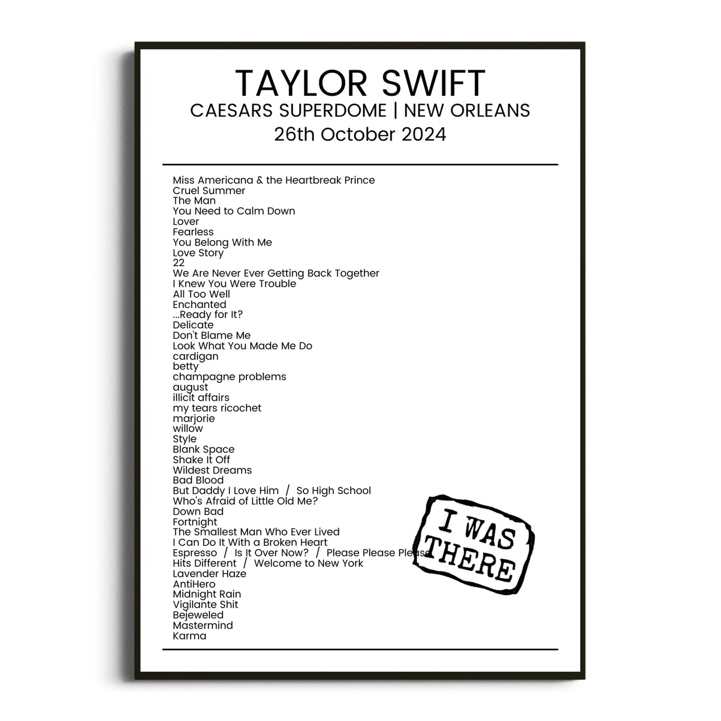 Taylor Swift New Orleans 26 October 2024 Setlist Poster