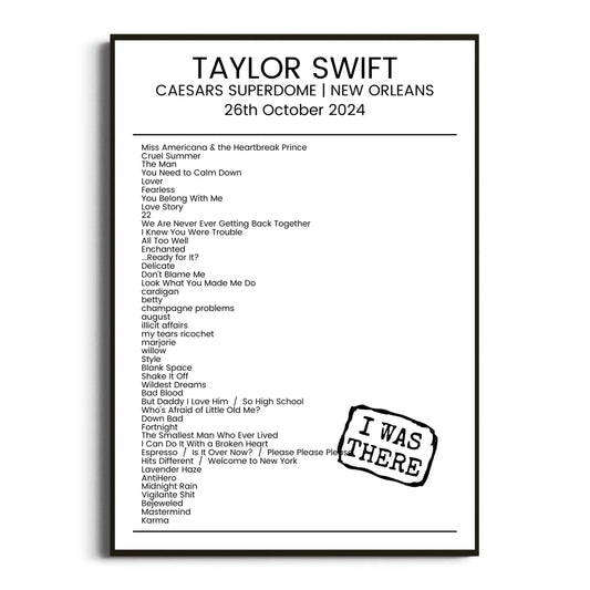 Taylor Swift New Orleans 26 October 2024 Setlist Poster