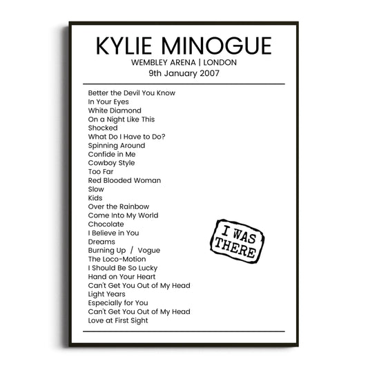 Kylie Minogue London 09 January 2007 Setlist Poster