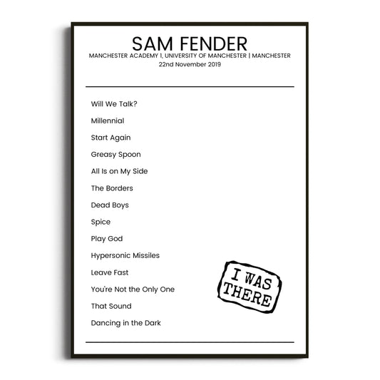 Sam Fender Manchester 22 November 2019 Setlist Poster