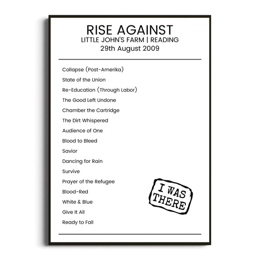 Rise Against Reading 29 August 2009 Setlist Poster