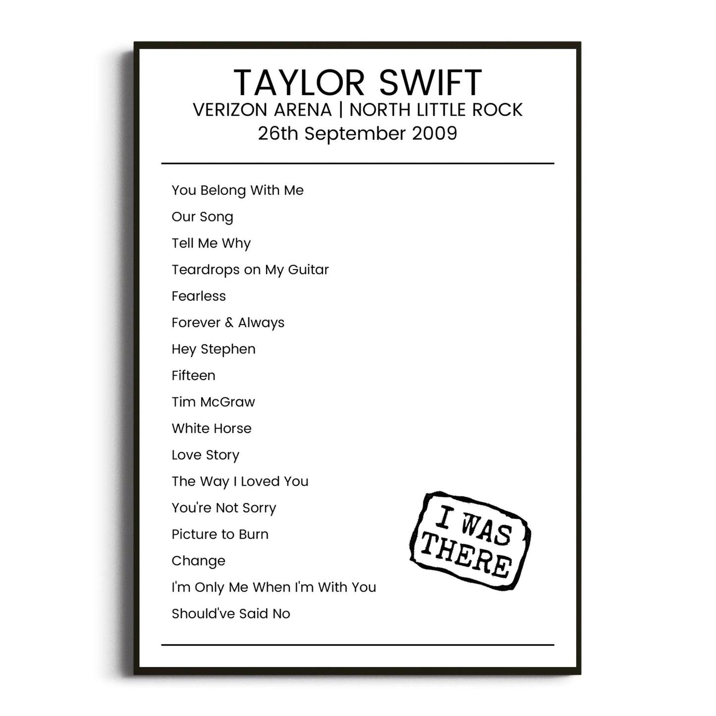 Taylor Swift North Little Rock 26 September 2009 Setlist Poster