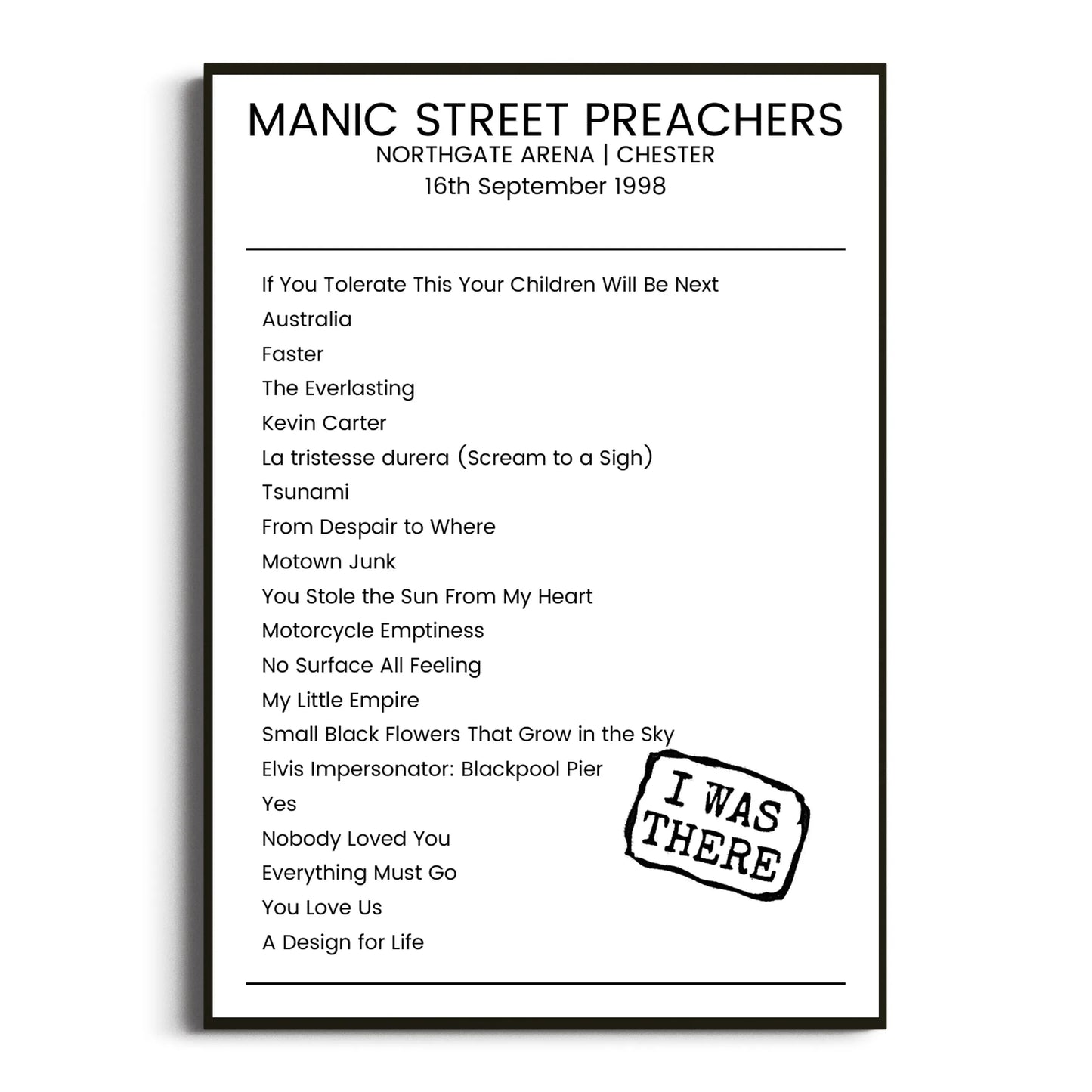 Manic Street Preachers Chester 16 September 1998 Setlist Poster