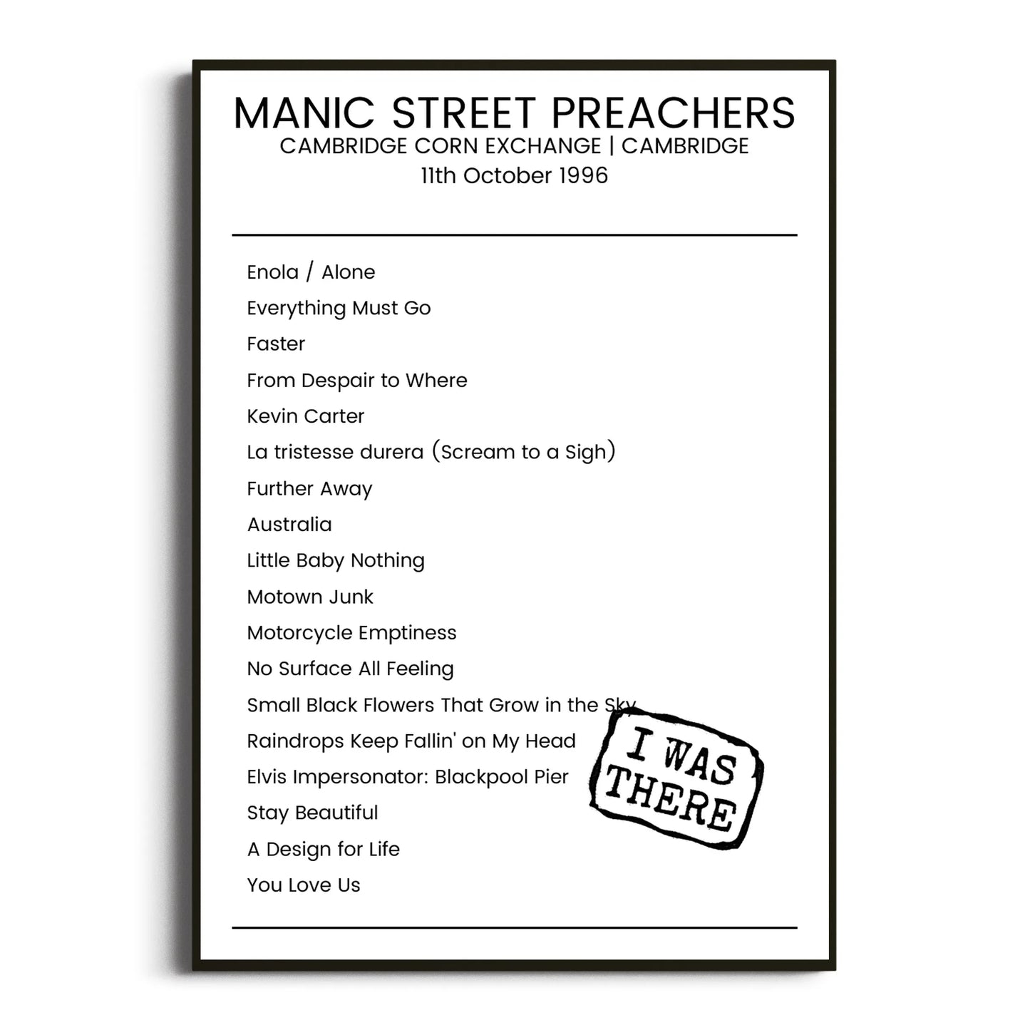 Manic Street Preachers Cambridge 11 October 1996 Setlist Poster