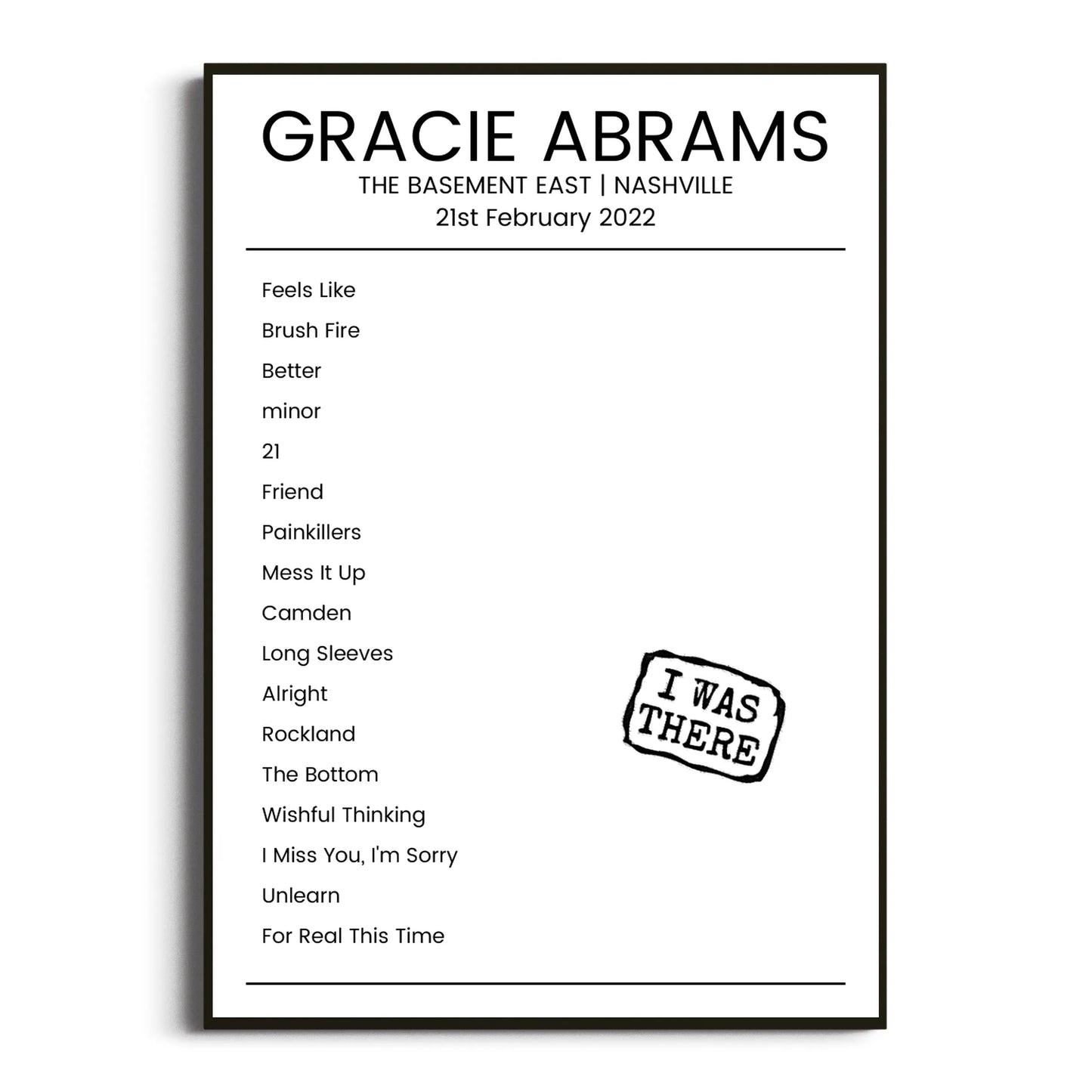 Gracie Abrams Nashville 21 February 2022 Setlist Poster