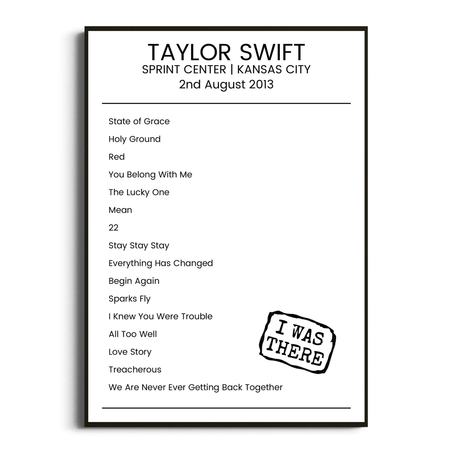 Taylor Swift Kansas City 02 August 2013 Setlist Poster