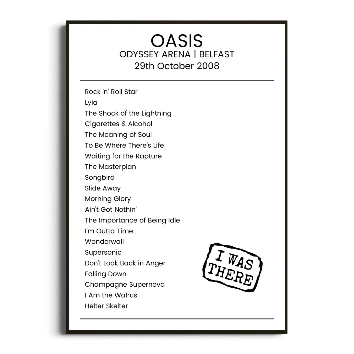 Oasis Belfast 29 October 2008 Setlist Poster