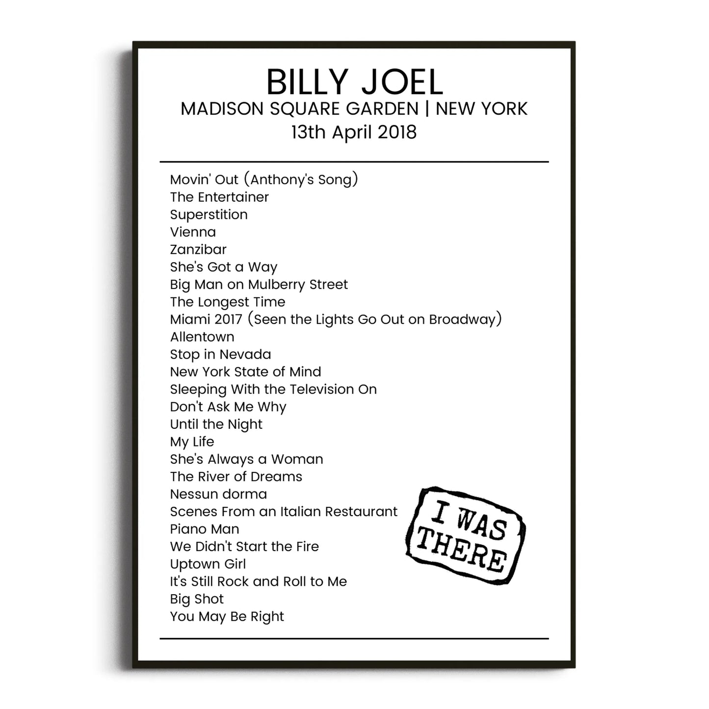 Billy Joel New York 13 April 2018 Setlist Poster