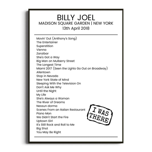 Billy Joel New York 13 April 2018 Setlist Poster