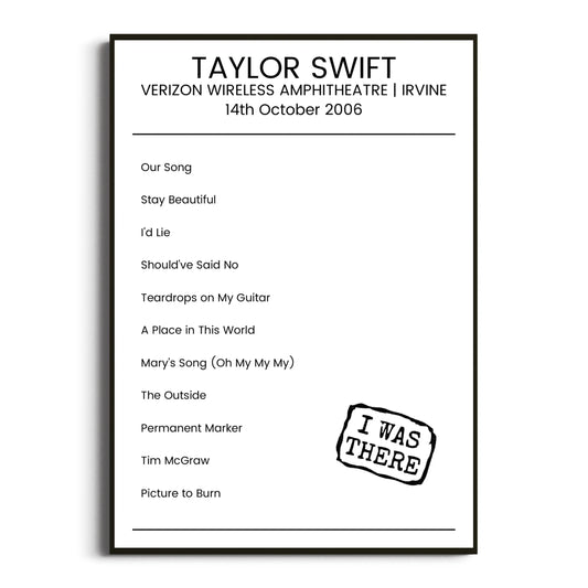 Taylor Swift Irvine 14 October 2006 Setlist Poster