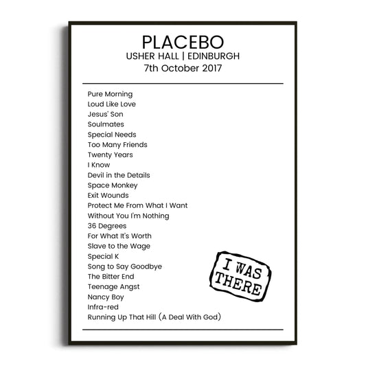 Placebo Edinburgh 07 October 2017 Setlist Poster