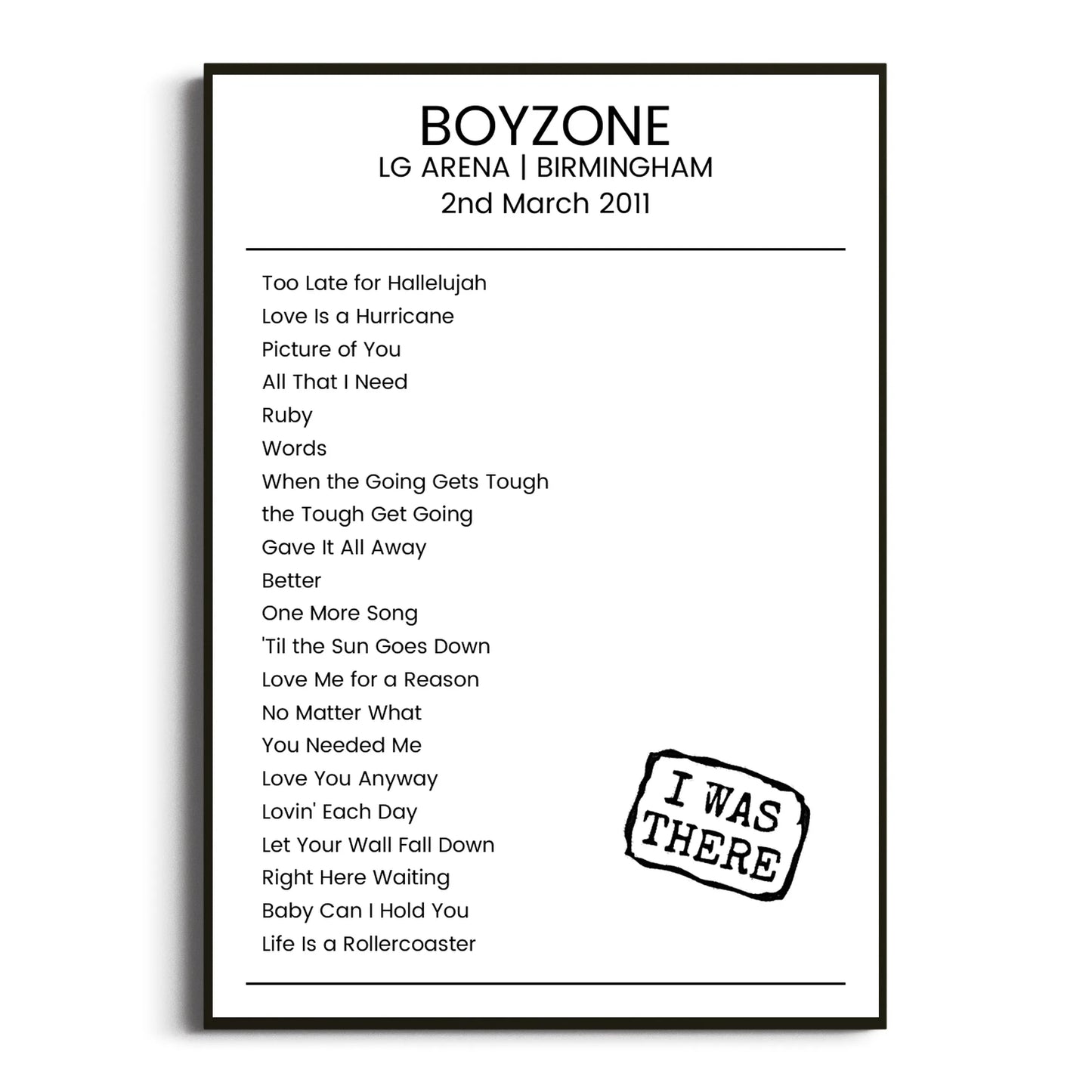 Boyzone Birmingham 02 March 2011 Setlist Poster