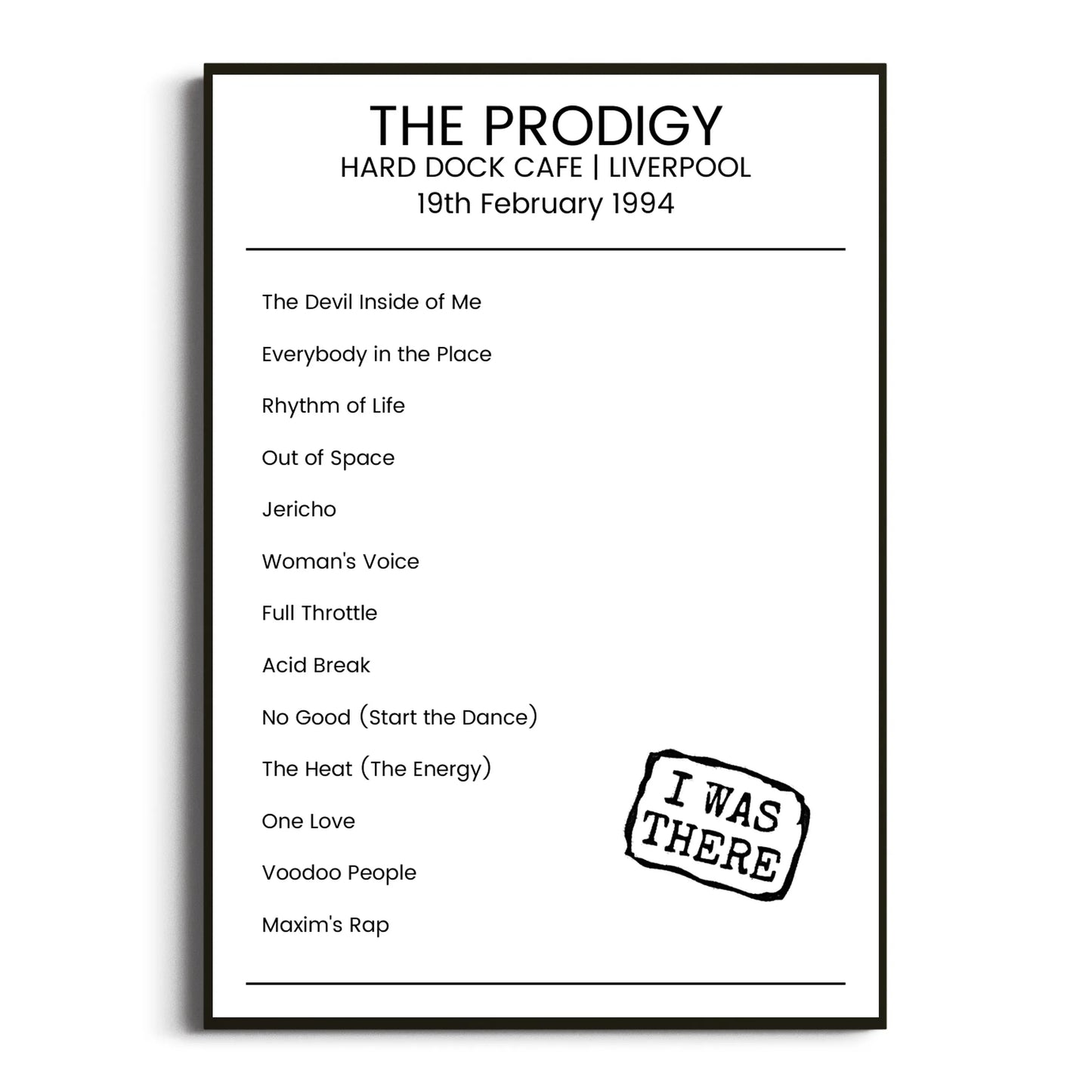 The Prodigy Liverpool 19 February 1994 Setlist Poster