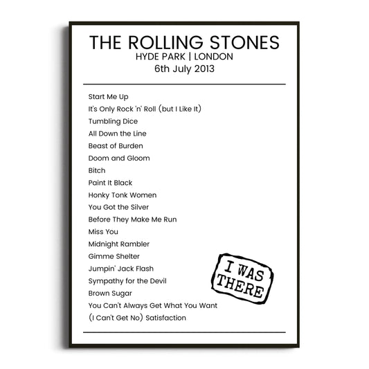 The Rolling Stones London 06 July 2013 Setlist Poster