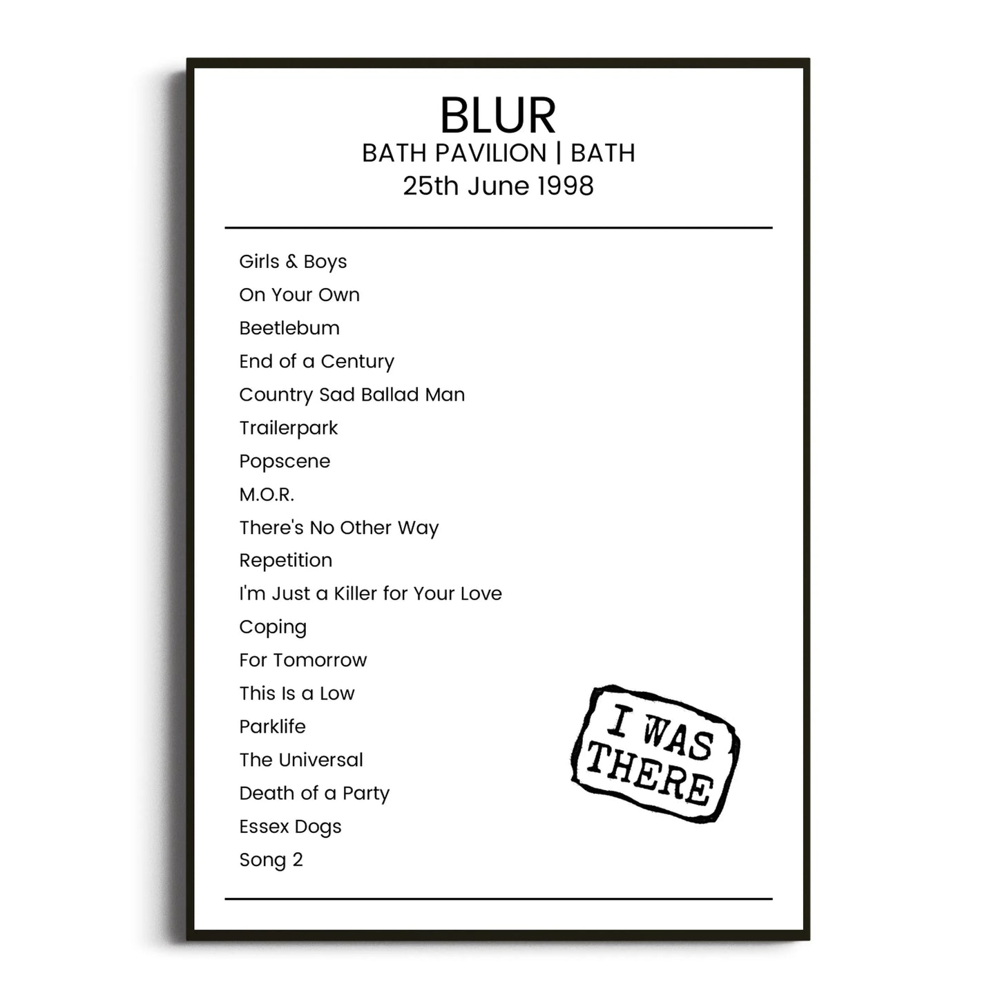 Blur Bath 25 June 1998 Setlist Poster