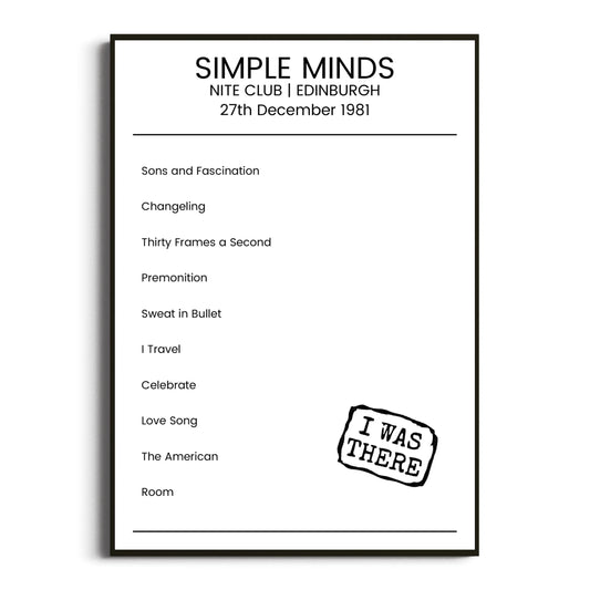 Simple Minds Edinburgh 27 December 1981 Setlist Poster