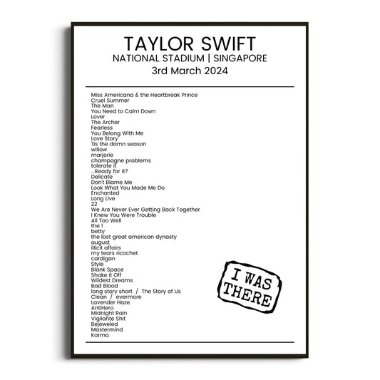 Taylor Swift Singapore 03 March 2024 Setlist Poster