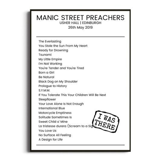 Manic Street Preachers Edinburgh 26 May 2019 Setlist Poster