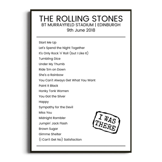 The Rolling Stones Edinburgh 09 June 2018 Setlist Poster