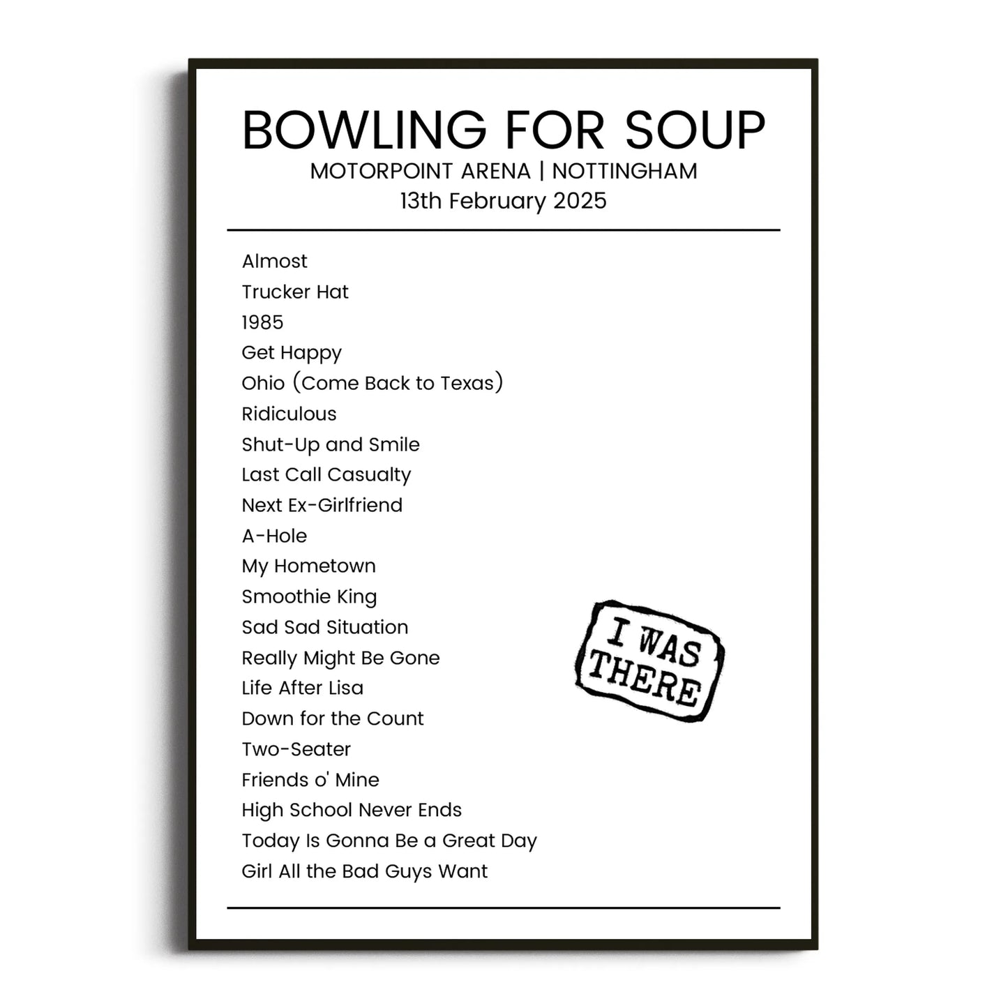 Bowling for Soup Nottingham 13 February 2025 Setlist Poster