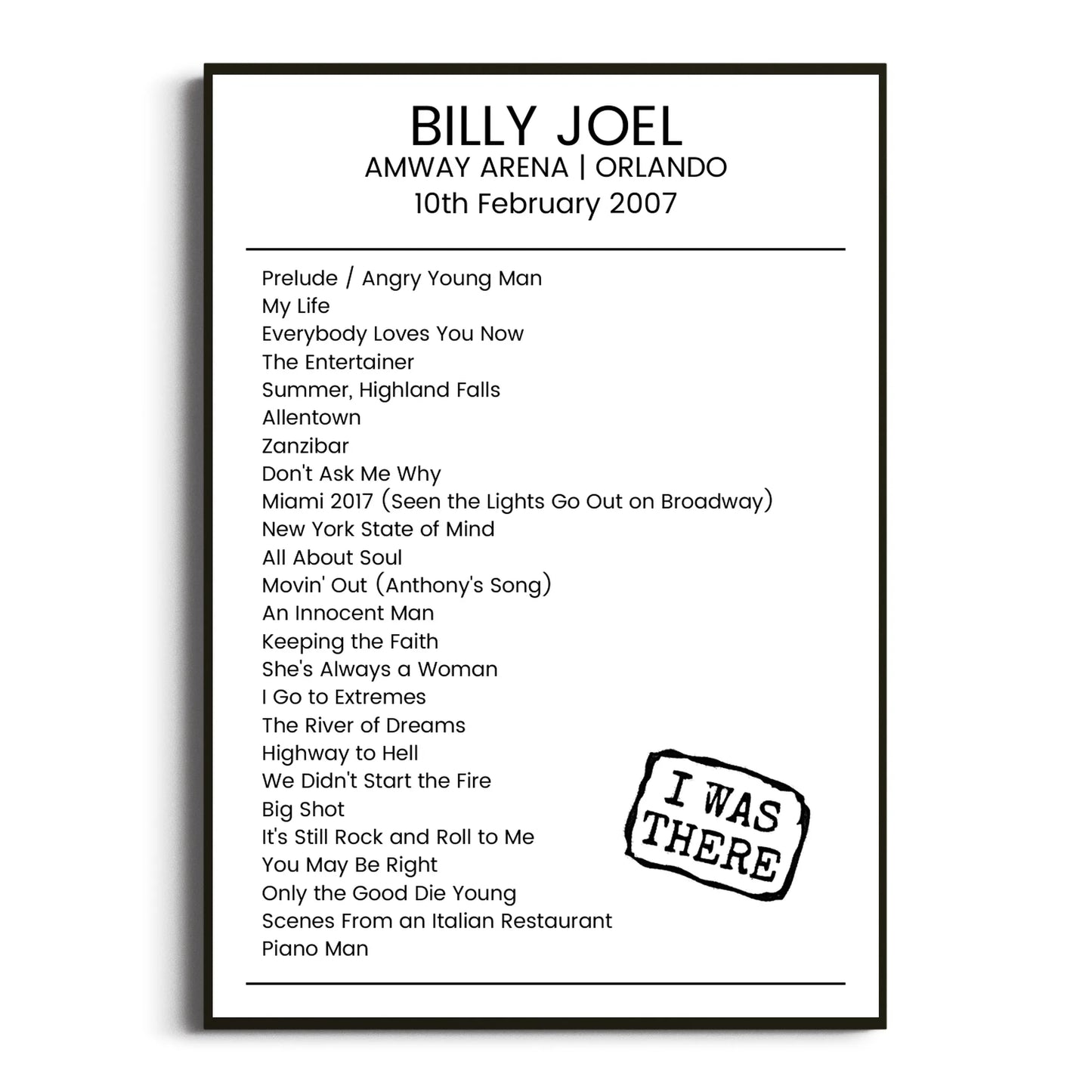 Billy Joel Orlando 10 February 2007 Setlist Poster