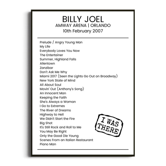 Billy Joel Orlando 10 February 2007 Setlist Poster