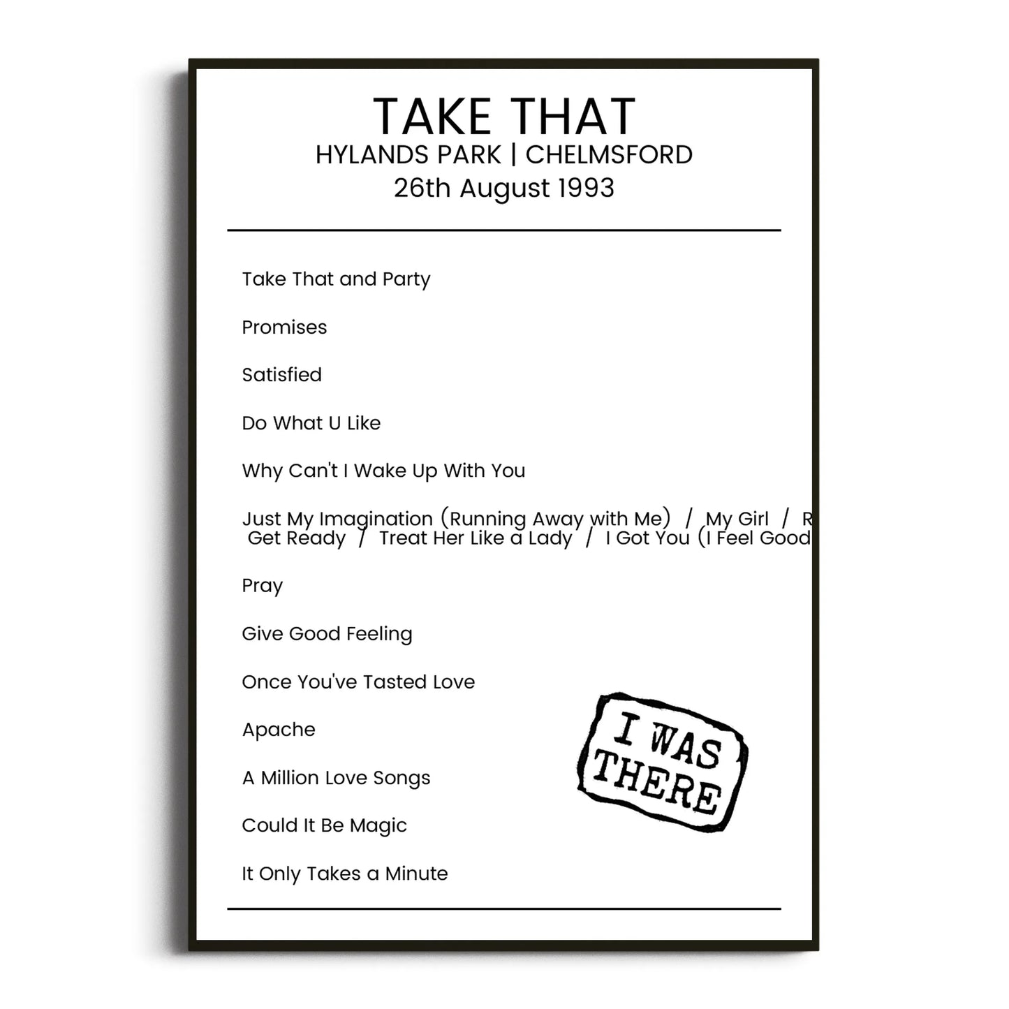 Take That Chelmsford 26 August 1993 Setlist Poster