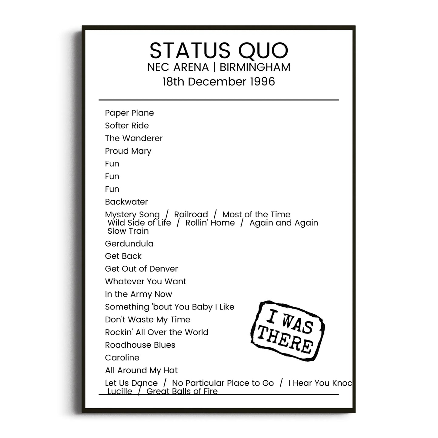 Status Quo Birmingham 18 December 1996 Setlist Poster