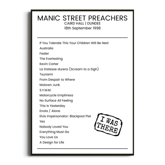 Manic Street Preachers Dundee 18 September 1998 Setlist Poster