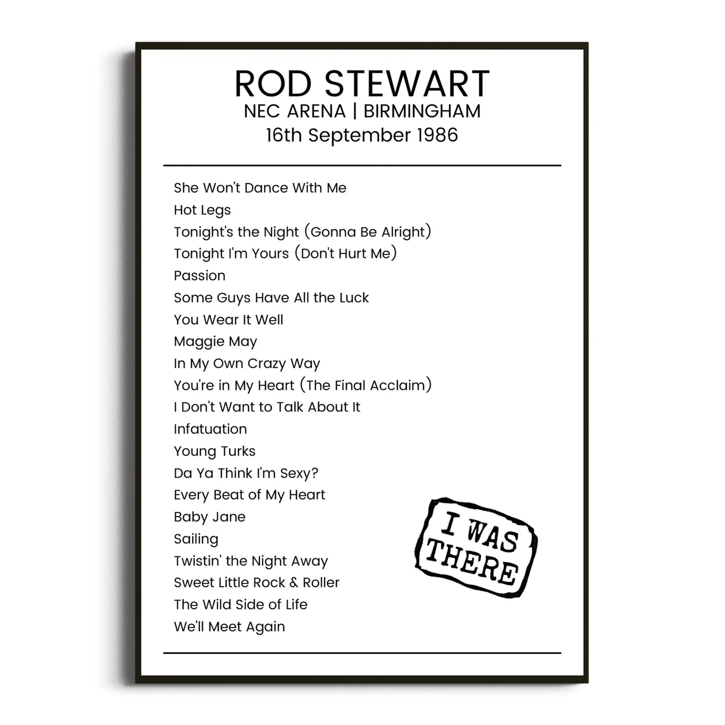 Rod Stewart Birmingham 16 September 1986 Setlist Poster