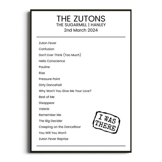 The Zutons Hanley 02 March 2024 Setlist Poster