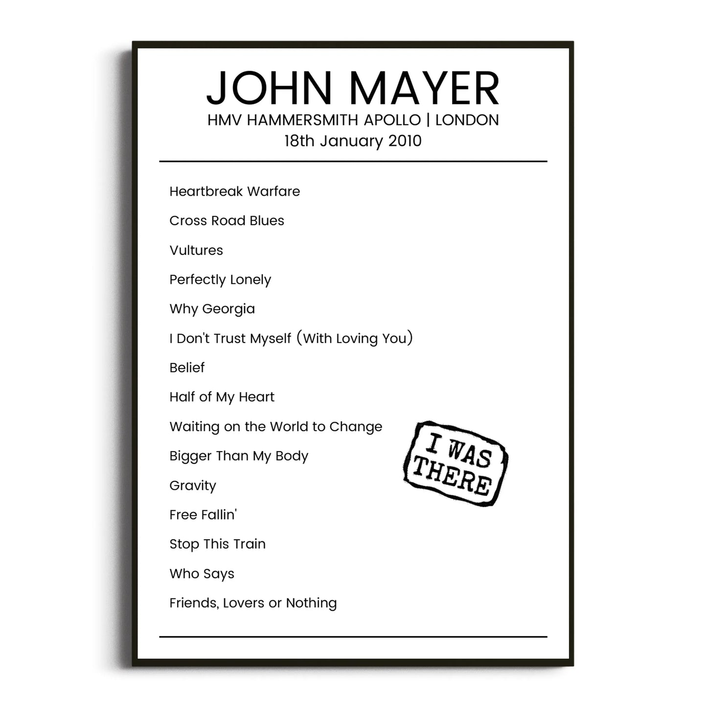 John Mayer London 18 January 2010 Setlist Poster