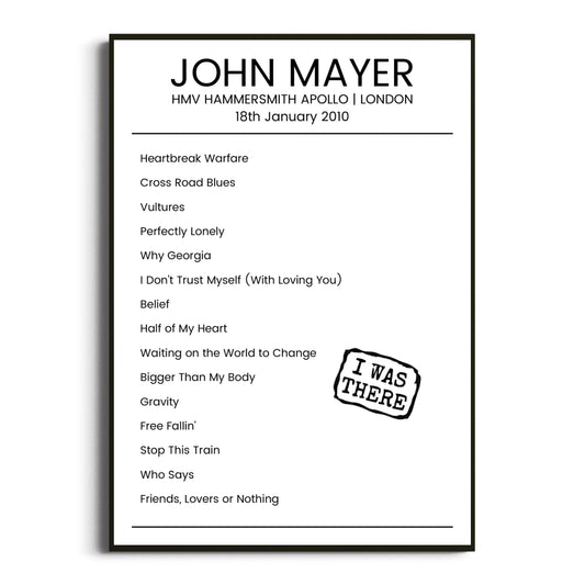 John Mayer London 18 January 2010 Setlist Poster