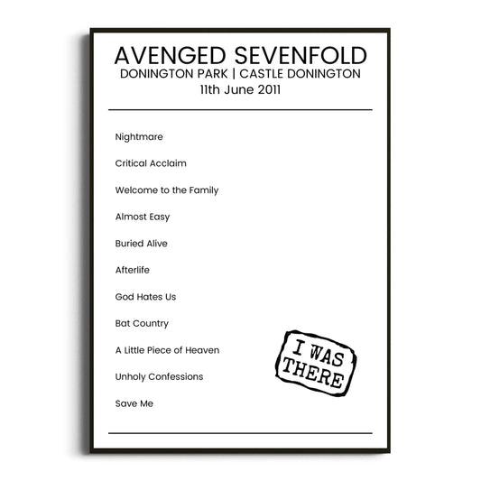 Avenged Sevenfold Castle Donington 11 June 2011 Setlist Poster