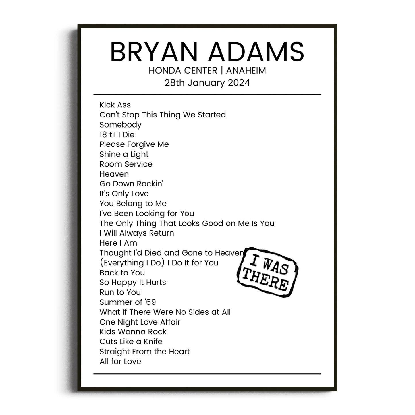 Bryan Adams Anaheim 28 January 2024 Setlist Poster