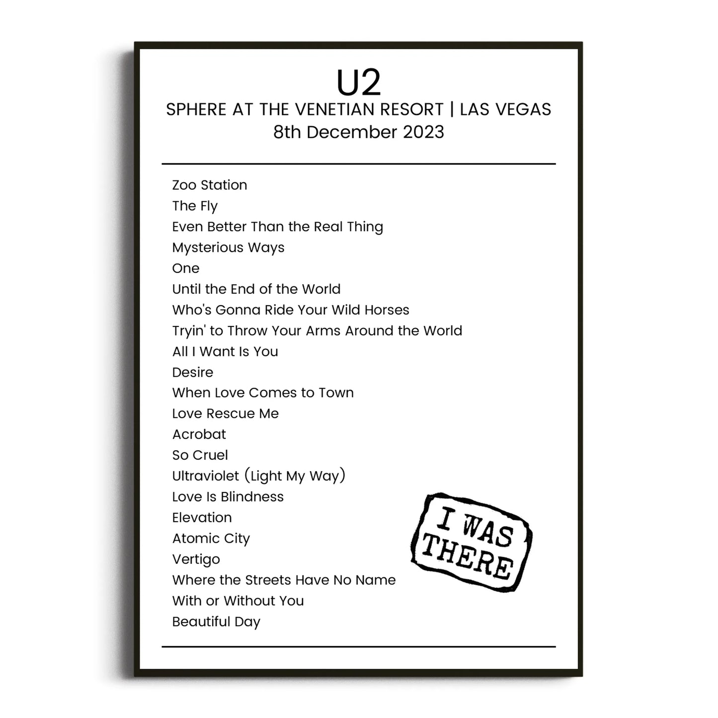 U2 Las Vegas 08 December 2023 Setlist Poster