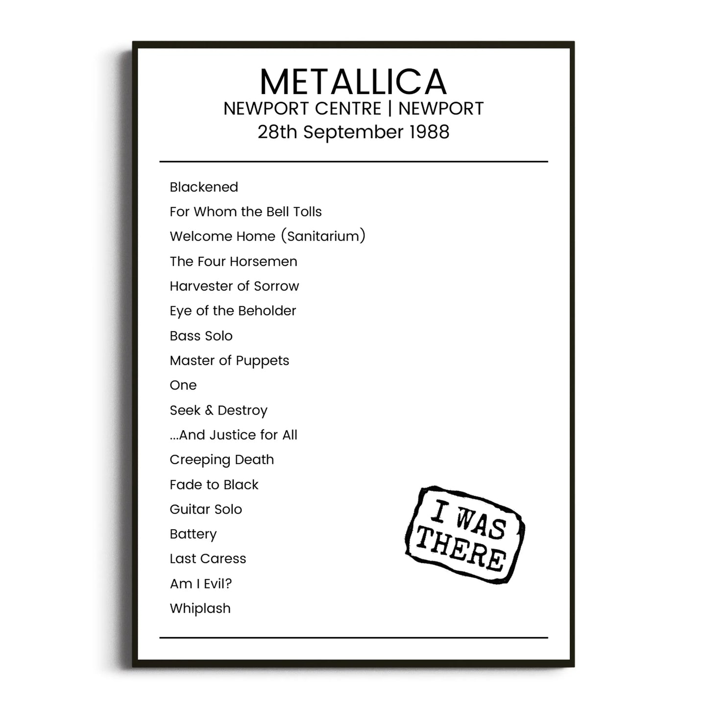 Metallica Newport 28 September 1988 Setlist Poster