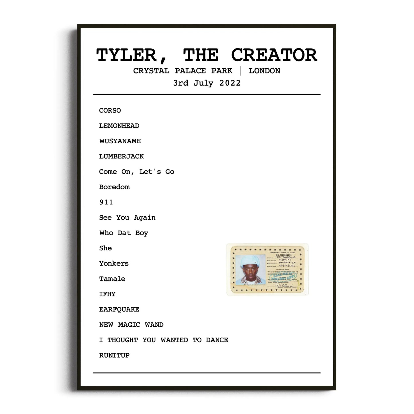 Tyler, The Creator London 03 July 2022 Setlist Poster