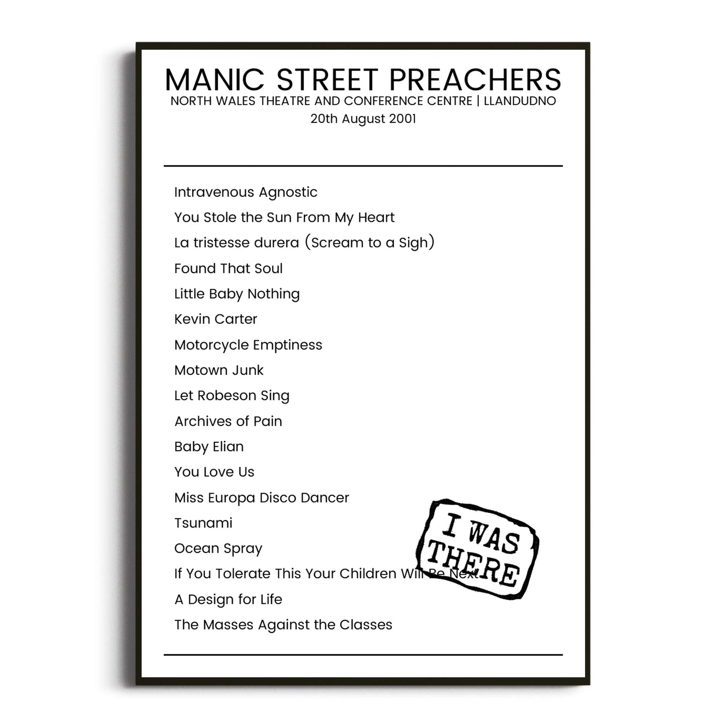 Manic Street Preachers Llandudno 20 August 2001 Setlist Poster