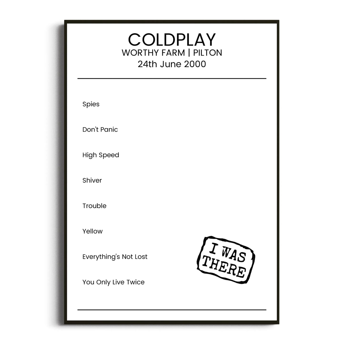 Coldplay Pilton 24 June 2000 Setlist Poster