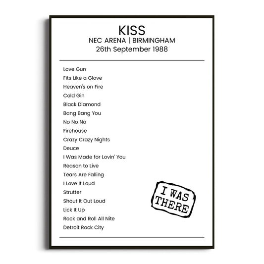 KISS Birmingham 26 September 1988 Setlist Poster