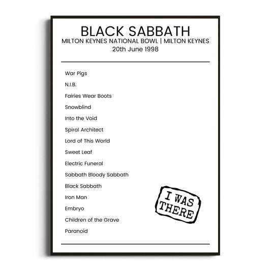 Black Sabbath Milton Keynes 20 June 1998 Setlist Poster