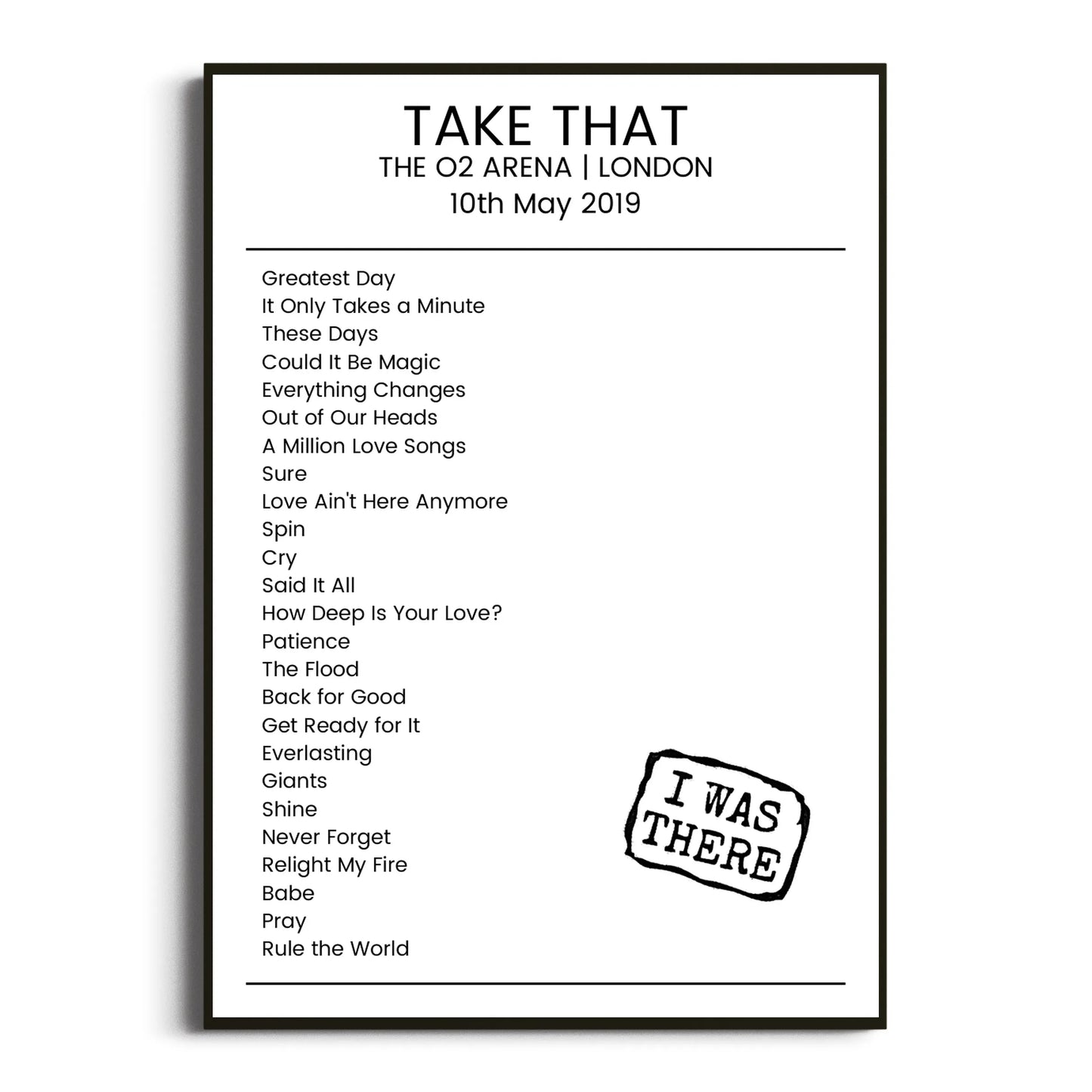 Take That London 10 May 2019 Setlist Poster