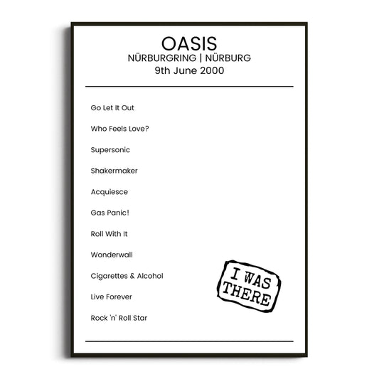 Oasis Nürburg 09 June 2000 Setlist Poster